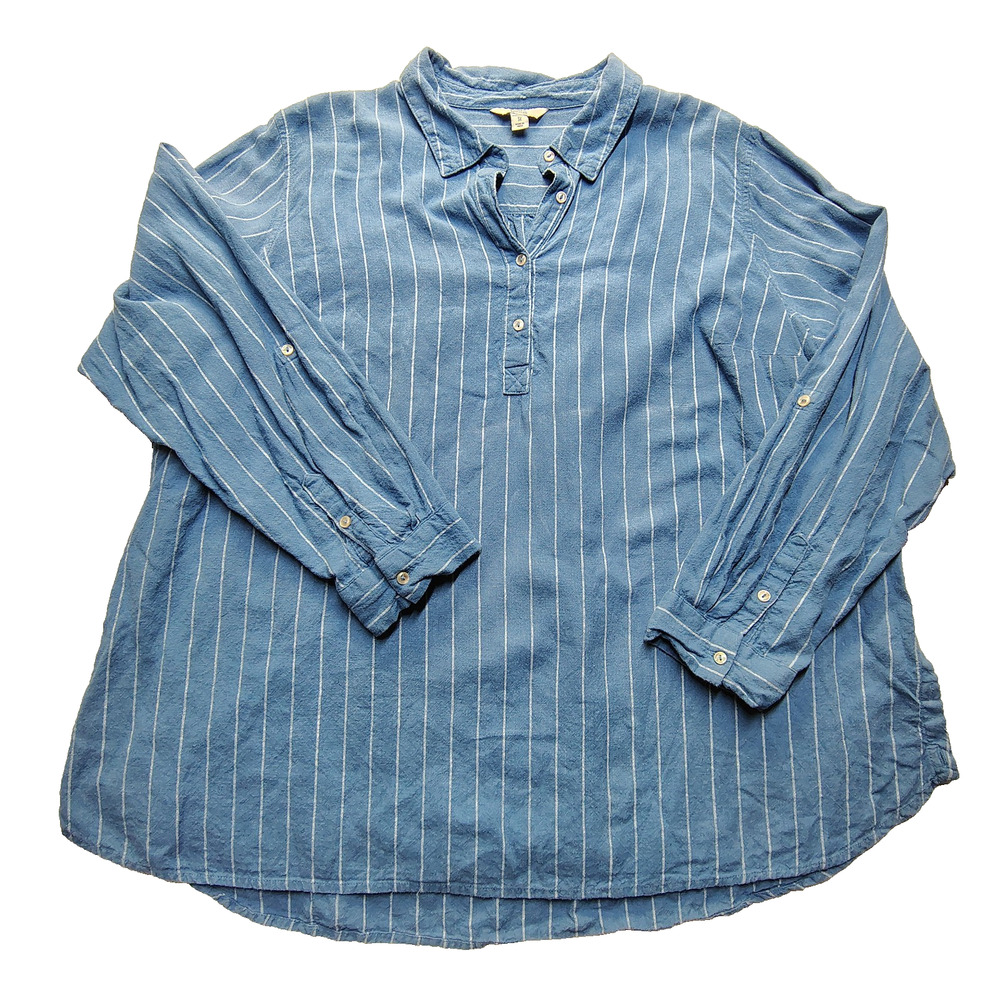 Croft & Barrow Linen Shirt Women's Plus 3X Blue Roll Tab Sleeve Tunic Blouse